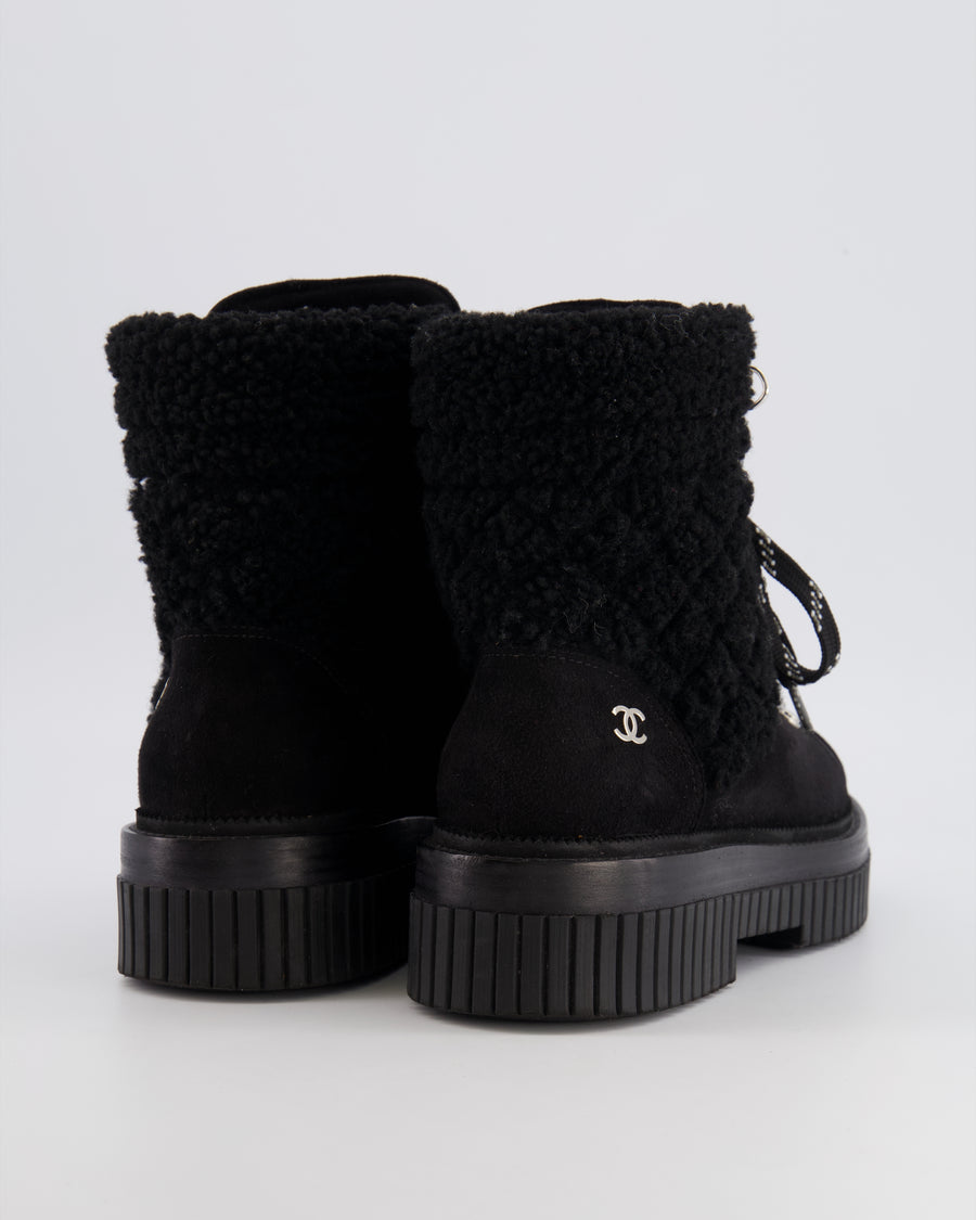 Chanel Black Suede Lace-Up Snow Ankle Boots with Shearling Trip and Silver Hardware Details Size EU 37.5C