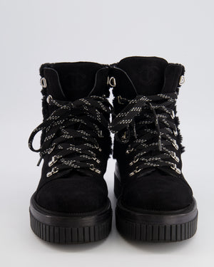 Chanel Black Suede Lace-Up Snow Ankle Boots with Shearling Trip and Silver Hardware Details Size EU 37.5C