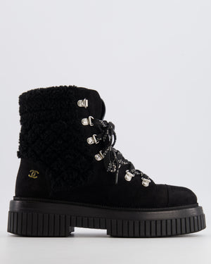 Chanel Black Suede Lace-Up Snow Ankle Boots with Shearling Trip and Silver Hardware Details Size EU 37.5C