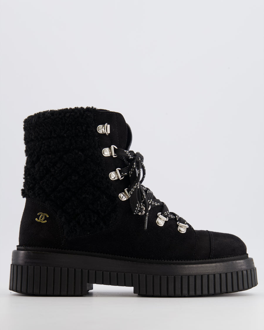 Chanel Black Suede Lace-Up Snow Ankle Boots with Shearling Trip and Silver Hardware Details Size EU 37.5C