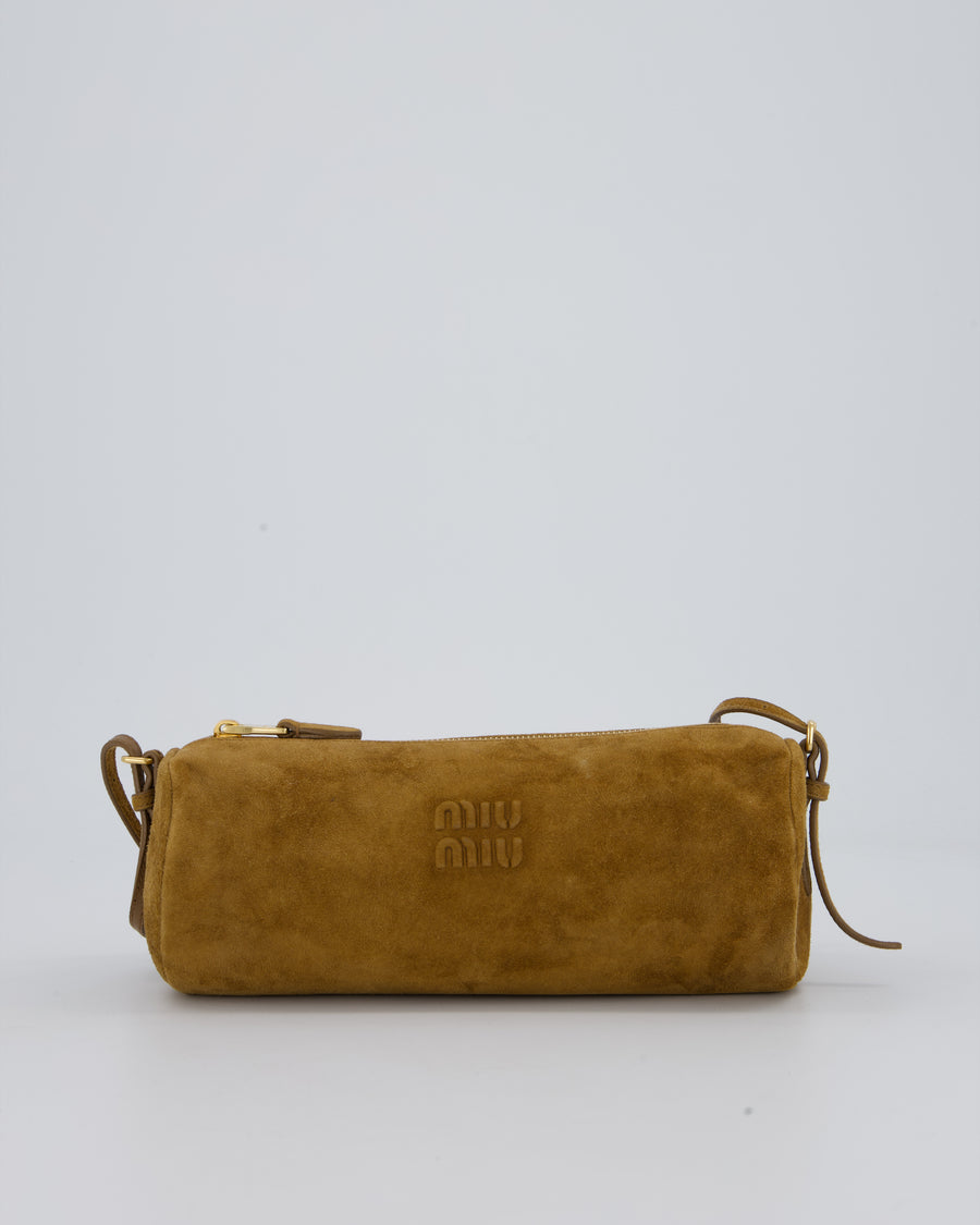 Miu Miu Beige Suede Barrel Bag with Gold Hardware