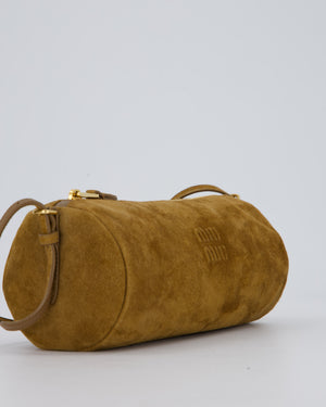 Miu Miu Beige Suede Barrel Bag with Gold Hardware