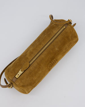 Miu Miu Beige Suede Barrel Bag with Gold Hardware