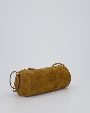 Miu Miu Beige Suede Barrel Bag with Gold Hardware