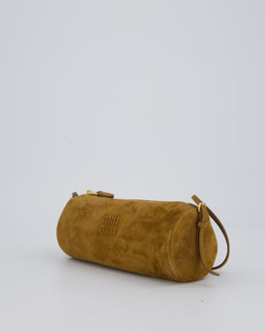 Miu Miu Beige Suede Barrel Bag with Gold Hardware