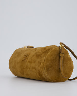 Miu Miu Beige Suede Barrel Bag with Gold Hardware