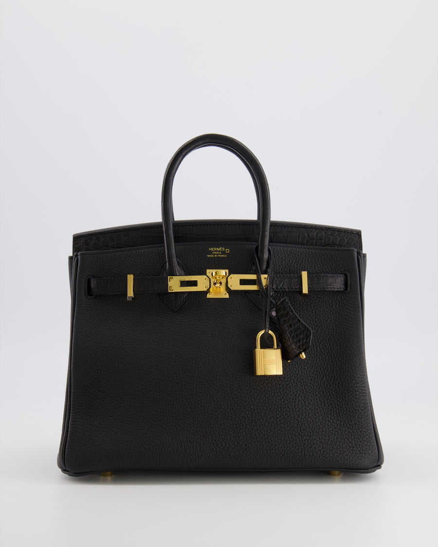*VERY HOT* Hermès Birkin 25 Touch Bag in Noir Togo Leather and Matte Alligator Mississippiensis with Gold Hardware