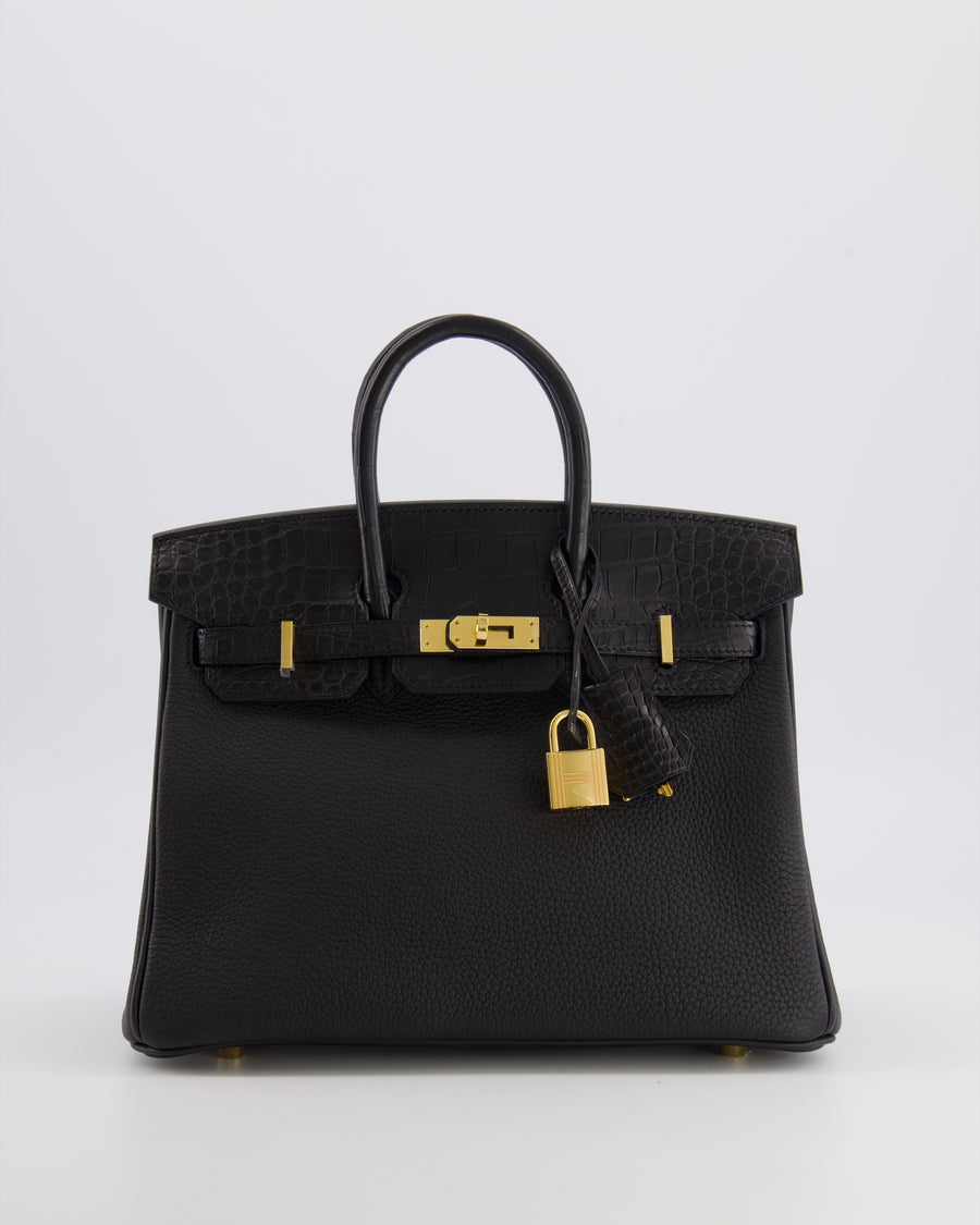 *VERY HOT* Hermès Birkin 25 Touch Bag in Noir Togo Leather and Matte Alligator Mississippiensis with Gold Hardware