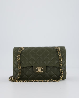 *HOT* Chanel Olive Green Small Classic Double Flap Bag in Lambskin Leather with Champagne Gold Hardware