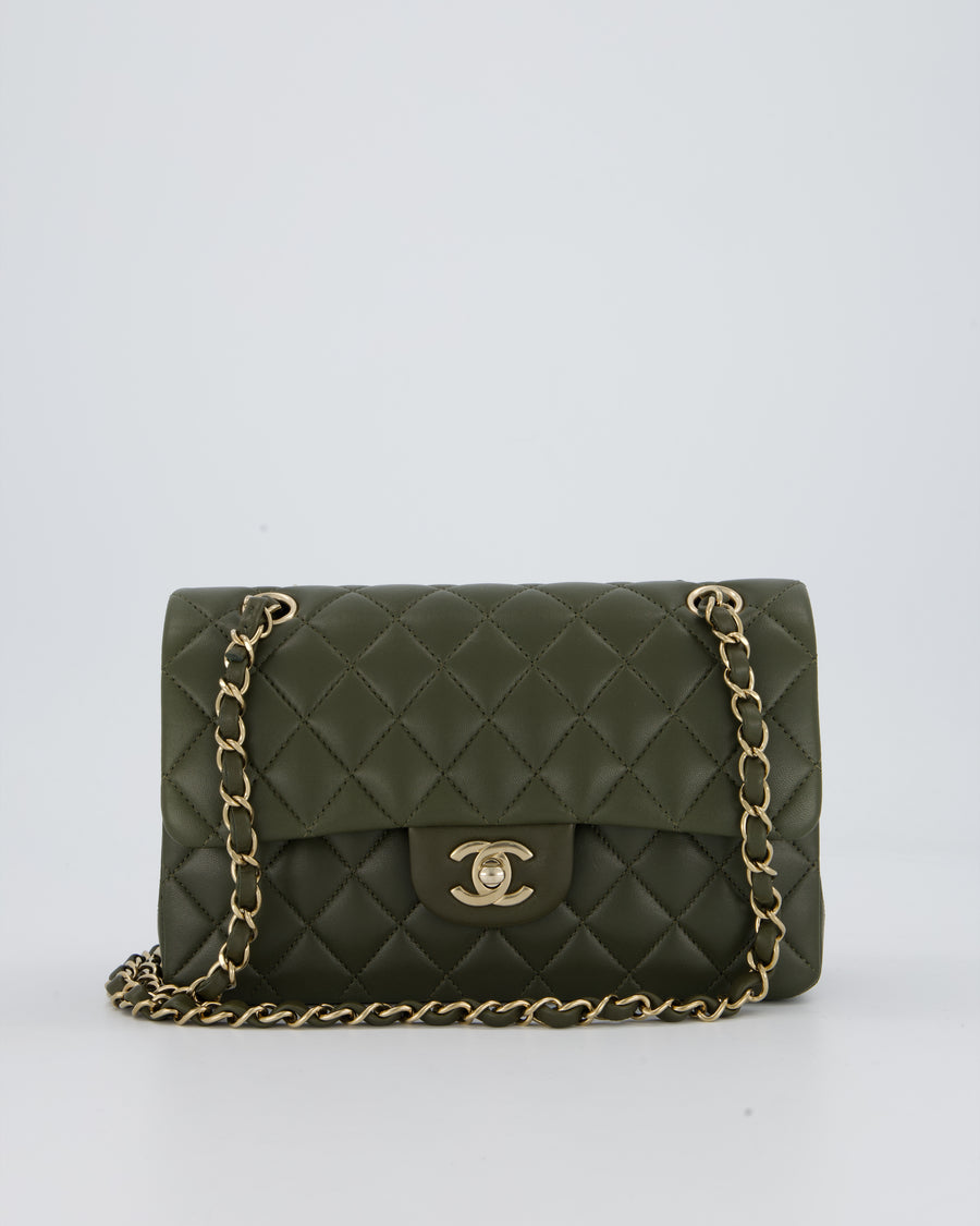 *HOT* Chanel Olive Green Small Classic Double Flap Bag in Lambskin Leather with Champagne Gold Hardware