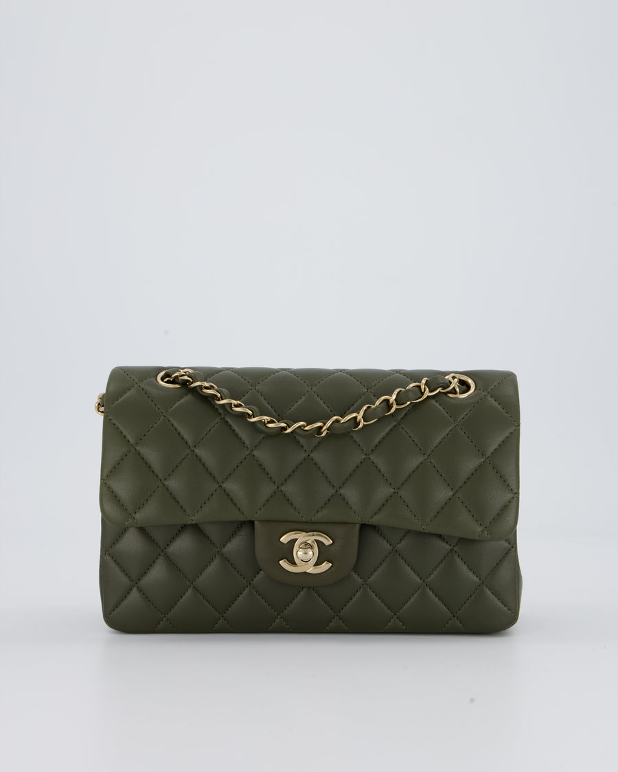 *HOT* Chanel Olive Green Small Classic Double Flap Bag in Lambskin Leather with Champagne Gold Hardware
