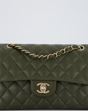 *HOT* Chanel Olive Green Small Classic Double Flap Bag in Lambskin Leather with Champagne Gold Hardware