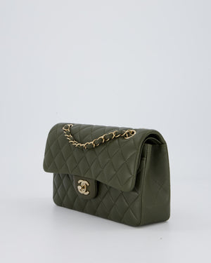 *HOT* Chanel Olive Green Small Classic Double Flap Bag in Lambskin Leather with Champagne Gold Hardware