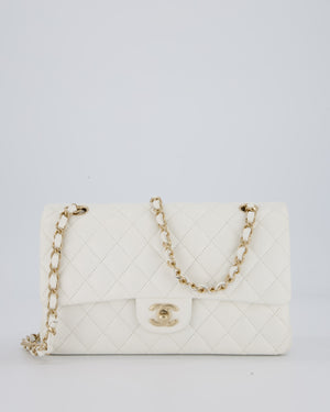 Chanel White Classic Medium Double Flap Bag in Caviar Leather with Champagne Gold Hardware