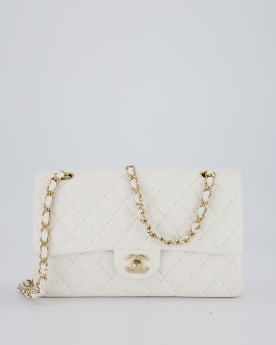 Chanel White Classic Medium Double Flap Bag in Caviar Leather with Champagne Gold Hardware