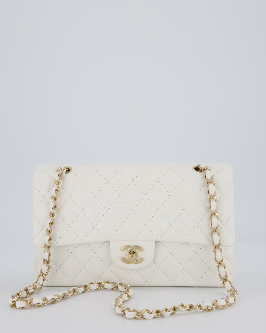 Chanel White Classic Medium Double Flap Bag in Caviar Leather with Champagne Gold Hardware