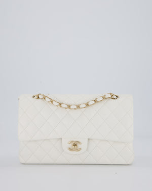 Chanel White Classic Medium Double Flap Bag in Caviar Leather with Champagne Gold Hardware