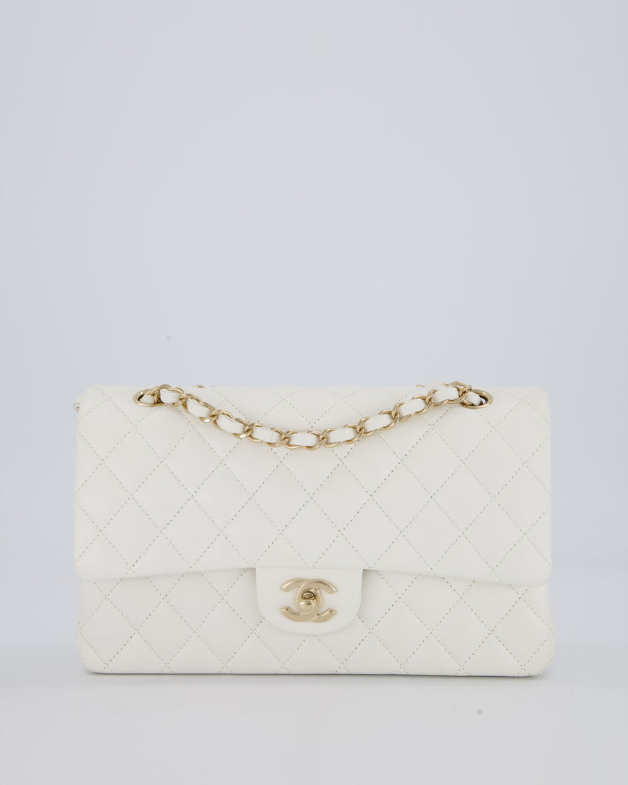 Chanel White Classic Medium Double Flap Bag in Caviar Leather with Champagne Gold Hardware