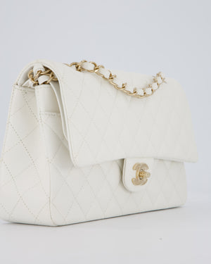 Chanel White Classic Medium Double Flap Bag in Caviar Leather with Champagne Gold Hardware