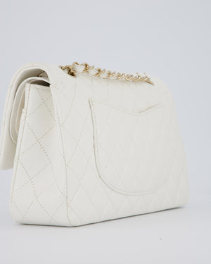 Chanel White Classic Medium Double Flap Bag in Caviar Leather with Champagne Gold Hardware