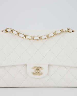Chanel White Classic Medium Double Flap Bag in Caviar Leather with Champagne Gold Hardware