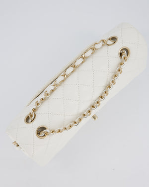 Chanel White Classic Medium Double Flap Bag in Caviar Leather with Champagne Gold Hardware
