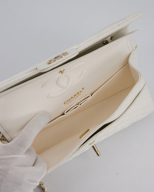 Chanel White Classic Medium Double Flap Bag in Caviar Leather with Champagne Gold Hardware