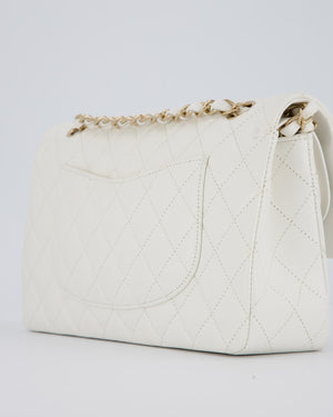 Chanel White Classic Medium Double Flap Bag in Caviar Leather with Champagne Gold Hardware