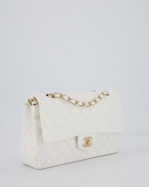 Chanel White Classic Medium Double Flap Bag in Caviar Leather with Champagne Gold Hardware