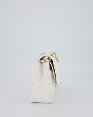 Chanel White Classic Medium Double Flap Bag in Caviar Leather with Champagne Gold Hardware