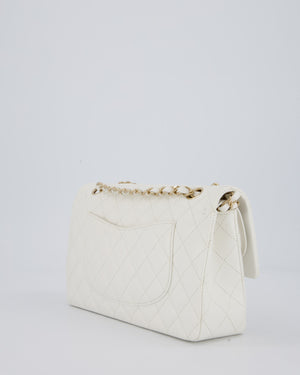 Chanel White Classic Medium Double Flap Bag in Caviar Leather with Champagne Gold Hardware