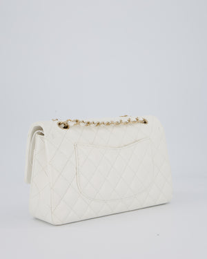 Chanel White Classic Medium Double Flap Bag in Caviar Leather with Champagne Gold Hardware