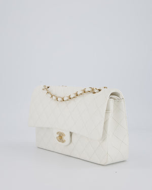Chanel White Classic Medium Double Flap Bag in Caviar Leather with Champagne Gold Hardware