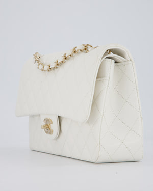Chanel White Classic Medium Double Flap Bag in Caviar Leather with Champagne Gold Hardware