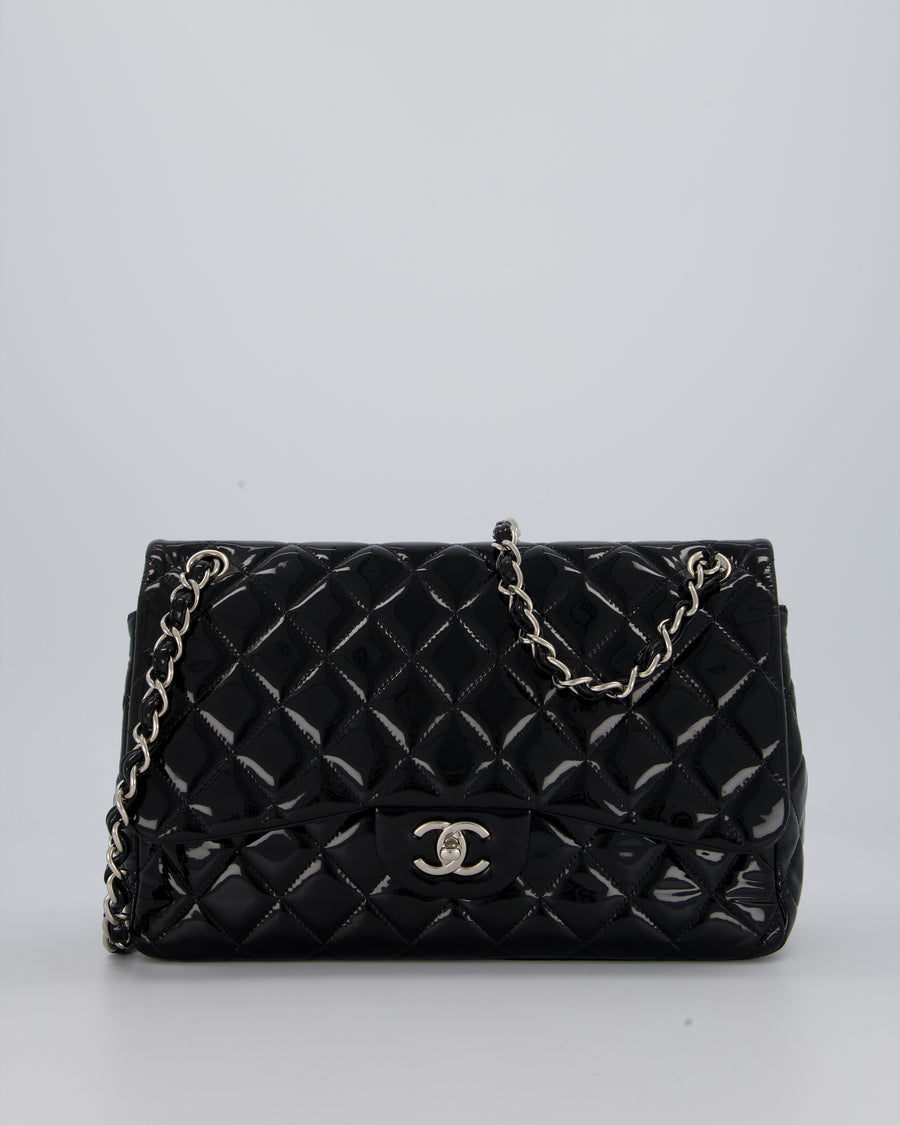 Chanel Black Patent Leather Jumbo Flap Bag With Silver Hardware