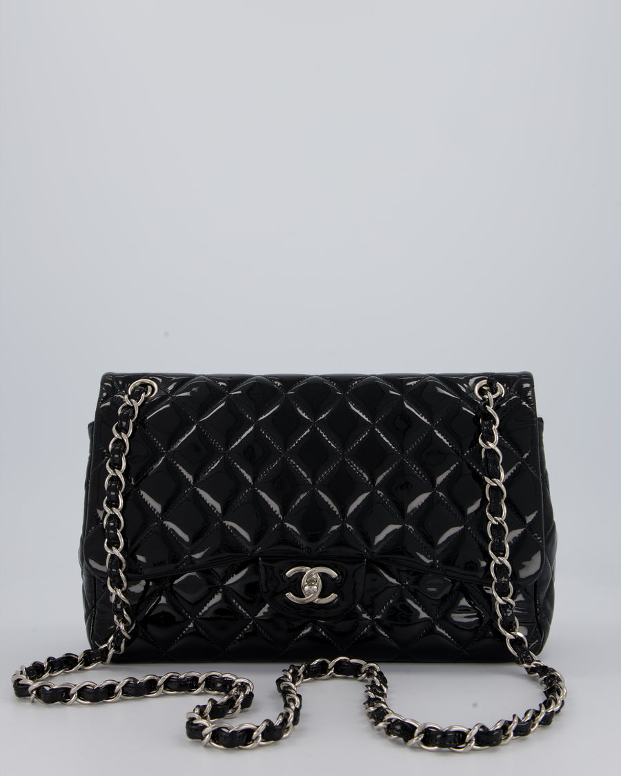Chanel Black Patent Leather Jumbo Flap Bag With Silver Hardware