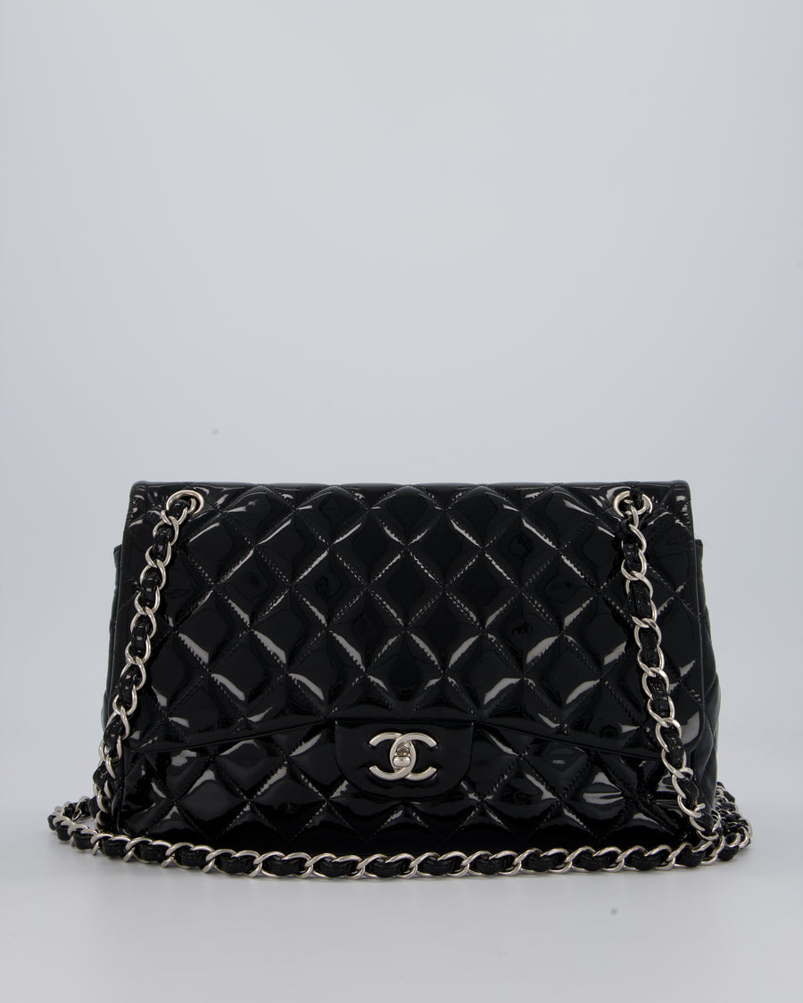 Chanel Black Patent Leather Jumbo Flap Bag With Silver Hardware