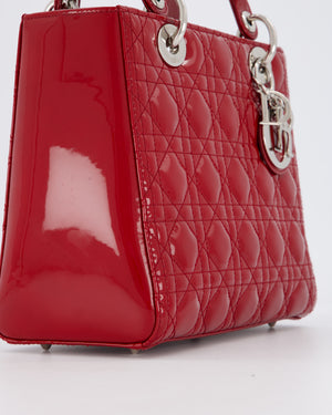 Christian Dior Red Medium Lady Dior Bag in Patent Leather with Silver Hardware