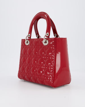Christian Dior Red Medium Lady Dior Bag in Patent Leather with Silver Hardware