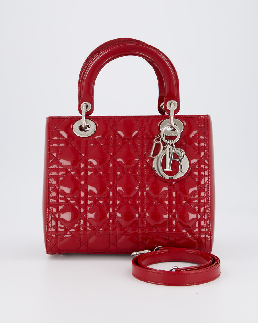 Christian Dior Red Medium Lady Dior Bag in Patent Leather with Silver Hardware
