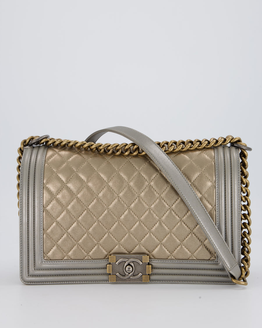 Chanel Metallic Gold and Silver Medium Boy Bag in Quilted Lambskin Leather with Silver Hardware
