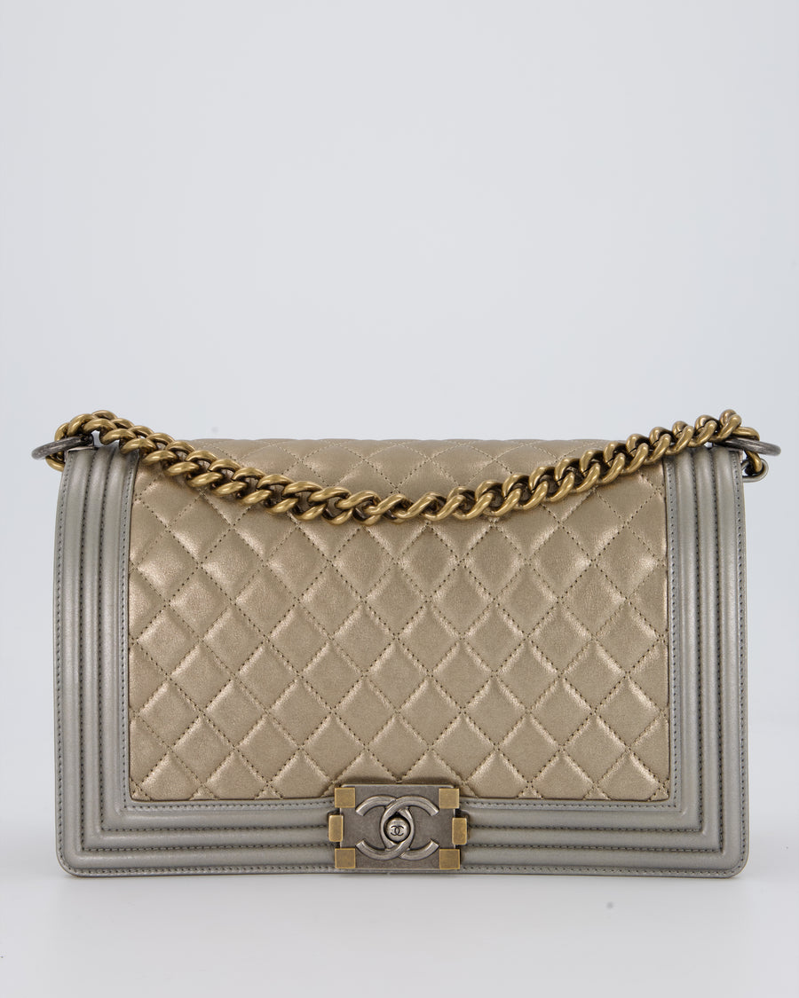 Chanel Metallic Gold and Silver Medium Boy Bag in Quilted Lambskin Leather with Silver Hardware