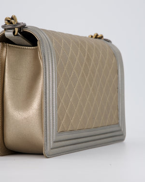 Chanel Metallic Gold and Silver Medium Boy Bag in Quilted Lambskin Leather with Silver Hardware