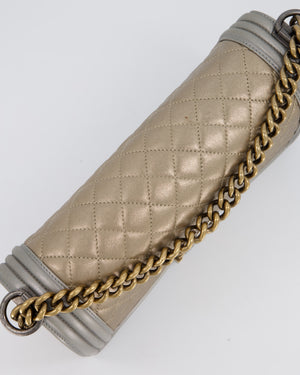Chanel Metallic Gold and Silver Medium Boy Bag in Quilted Lambskin Leather with Silver Hardware