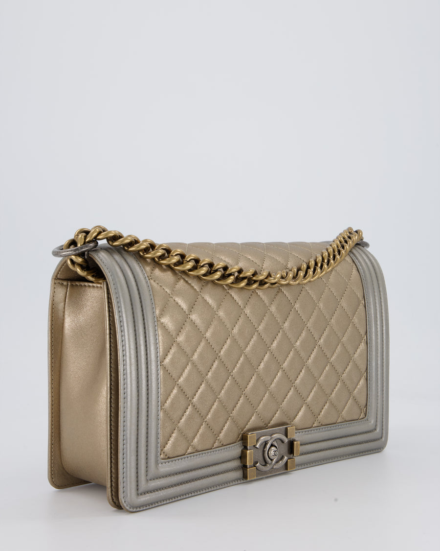 Chanel Metallic Gold and Silver Medium Boy Bag in Quilted Lambskin Leather with Silver Hardware