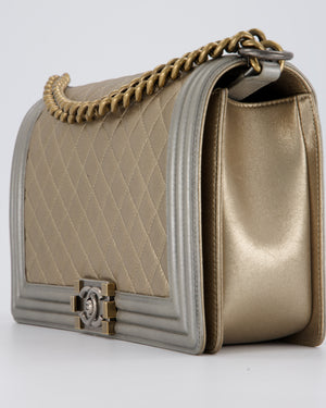 Chanel Metallic Gold and Silver Medium Boy Bag in Quilted Lambskin Leather with Silver Hardware