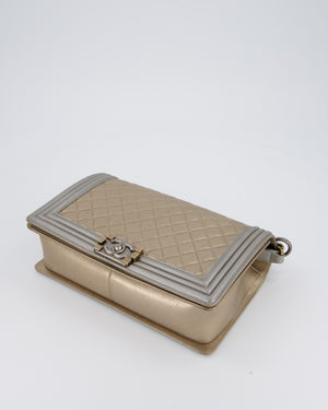 Chanel Metallic Gold and Silver Medium Boy Bag in Quilted Lambskin Leather with Silver Hardware
