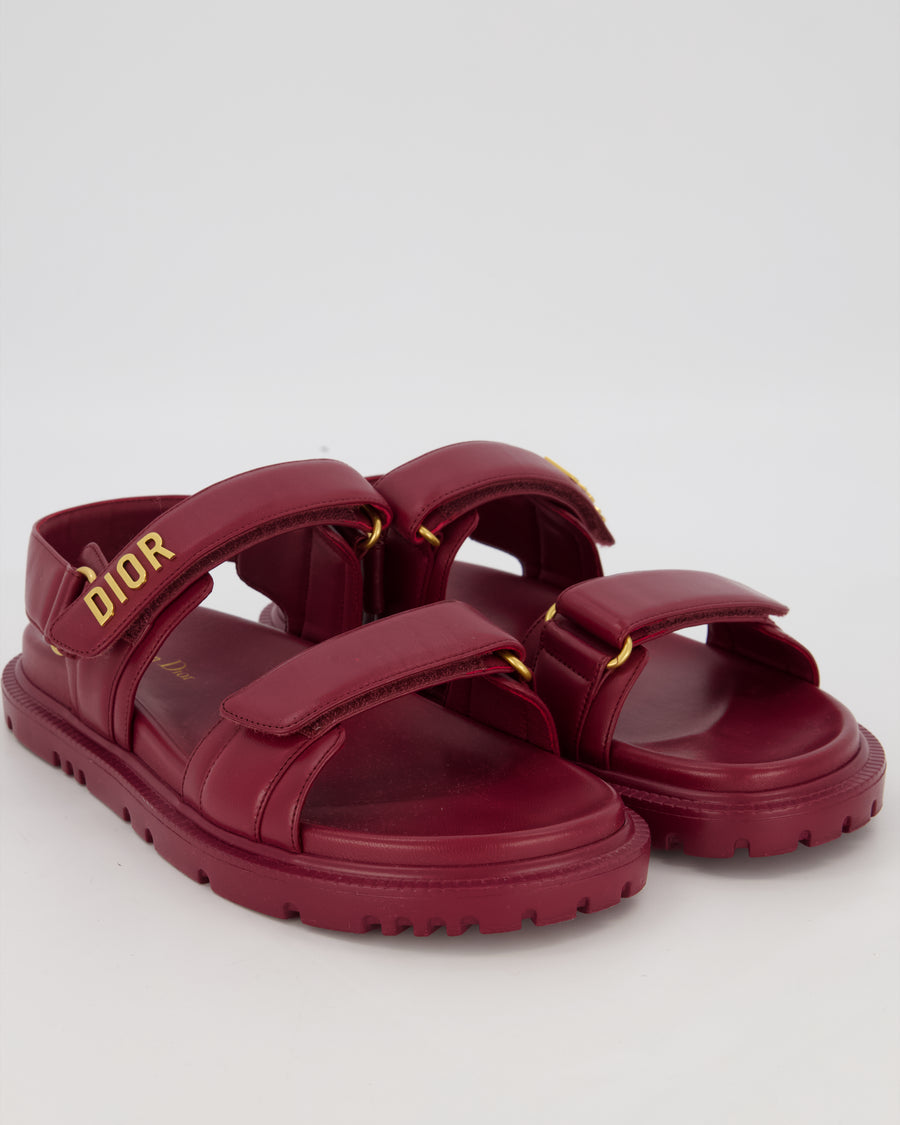 Christian Dior Dioract Dad Sandals in Burgundy Lambskin with Brushed Gold Logo Size EU 41.5