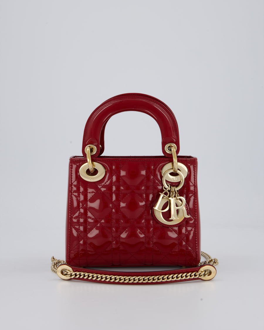Christian Dior Red Mini Lady Dior Bag in Patent Leather With Gold Hardware