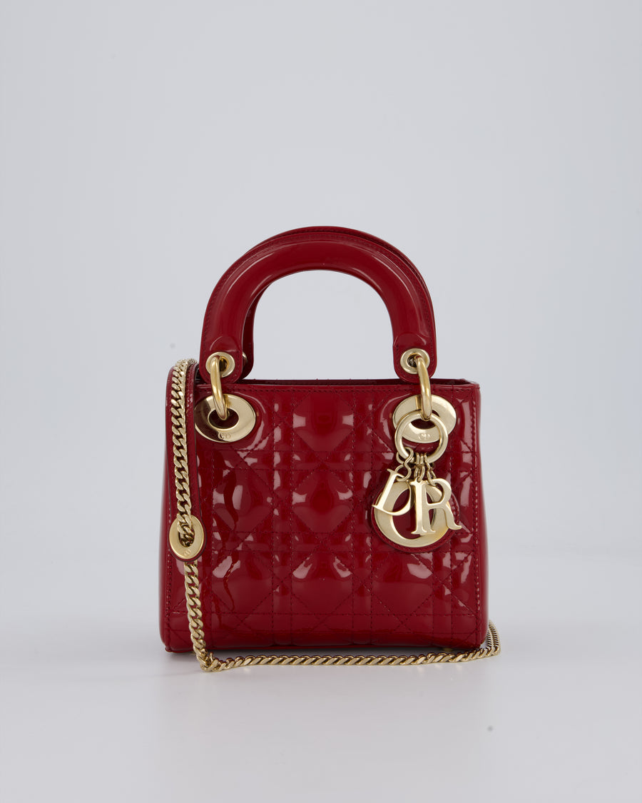 Christian Dior Red Mini Lady Dior Bag in Patent Leather With Gold Hardware